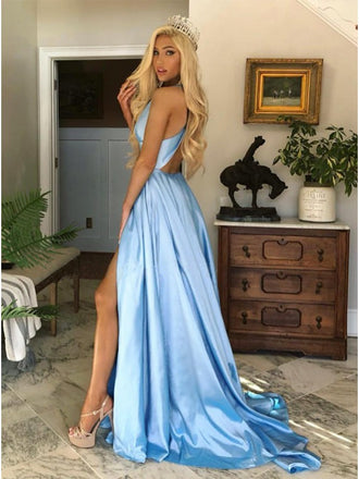 V-neck Long Blue Backless Prom Dresses With Split, PD0743