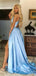 V-neck Long Blue Backless Prom Dresses With Split, PD0743