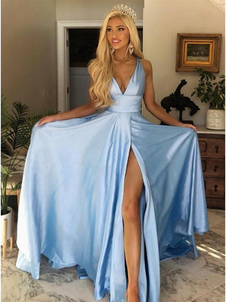 V-neck Long Blue Backless Prom Dresses With Split, PD0743