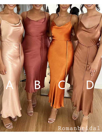 Mismatched Spaghetti Straps Scoop Neck Sheath Bridesmaid Dresses, BG227