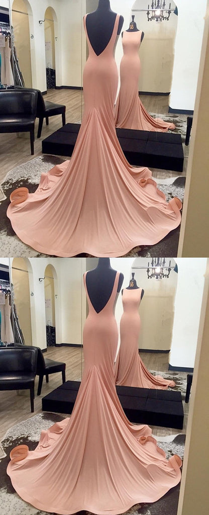 Round Neck Backless Simple Cheap Prom Dresses With Train, PD0587