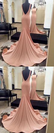 Round Neck Backless Simple Cheap Prom Dresses With Train, PD0587