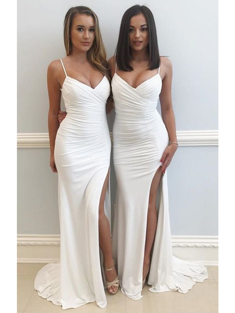 Spaghetti Straps White V-neck High Split Long Prom Dress, PD0598