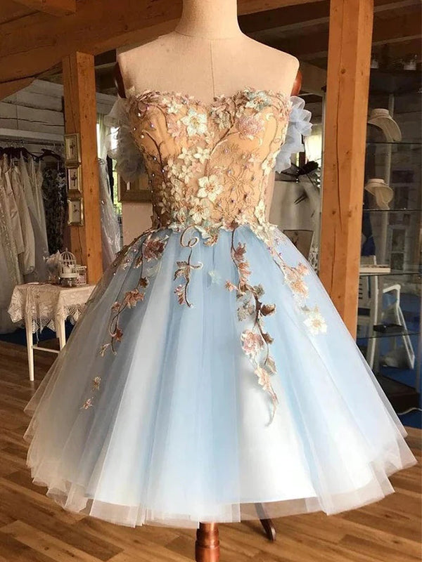 Beautiful Flower Off the Shoulder A-line Tulle Blue Homecoming Dresses Online, HD0589
