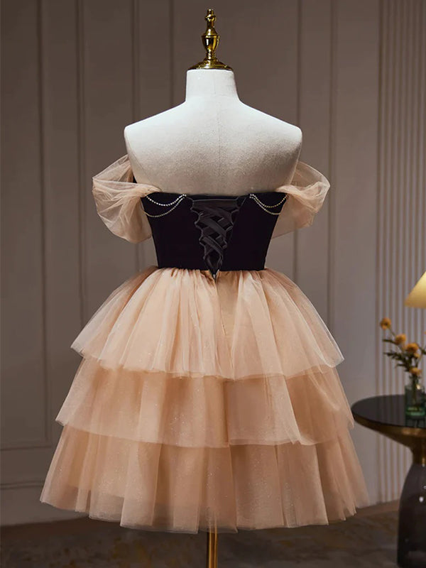 Elegant Off the Shoulder A-line Tulle Short Black Homecoming Dresses Online, HD0610
