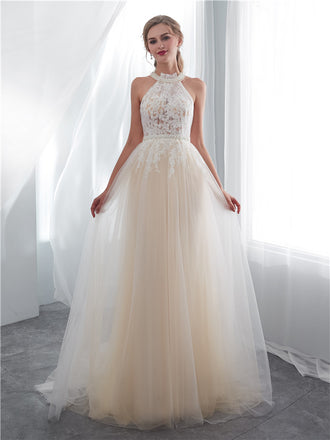 Halter Sleeveless See-though Lace Beading Long Tulle Wedding Dresses, WD0467