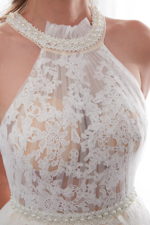 Halter Sleeveless See-though Lace Beading Long Tulle Wedding Dresses, WD0467