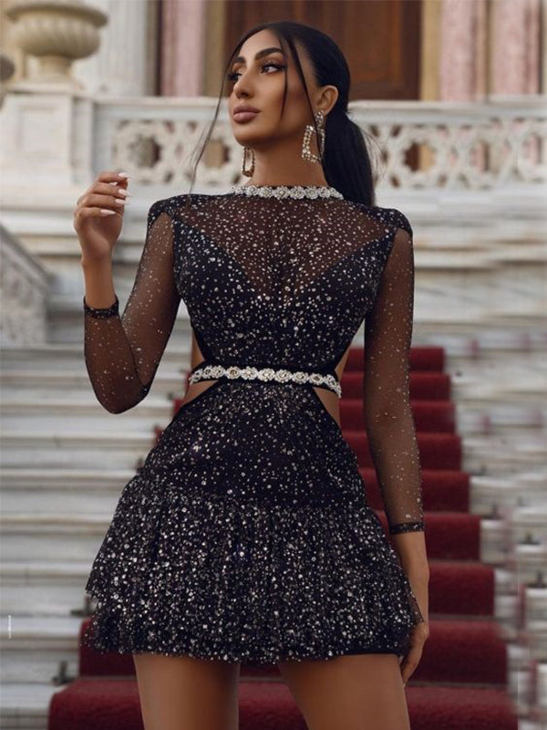 Sparkly Long Sleeves A-line Black Back To School Dress Homecoming Dresses Online with Belt, HD0629
