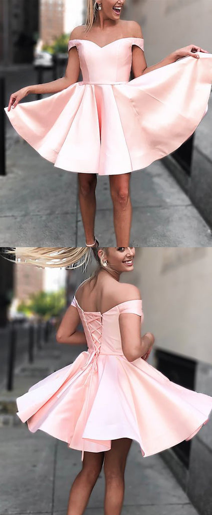 Off-shoulder Simple Pink Satin Lace-up Back Homecoming Dresses, HD0526