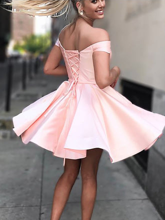 Off-shoulder Simple Pink Satin Lace-up Back Homecoming Dresses, HD0526
