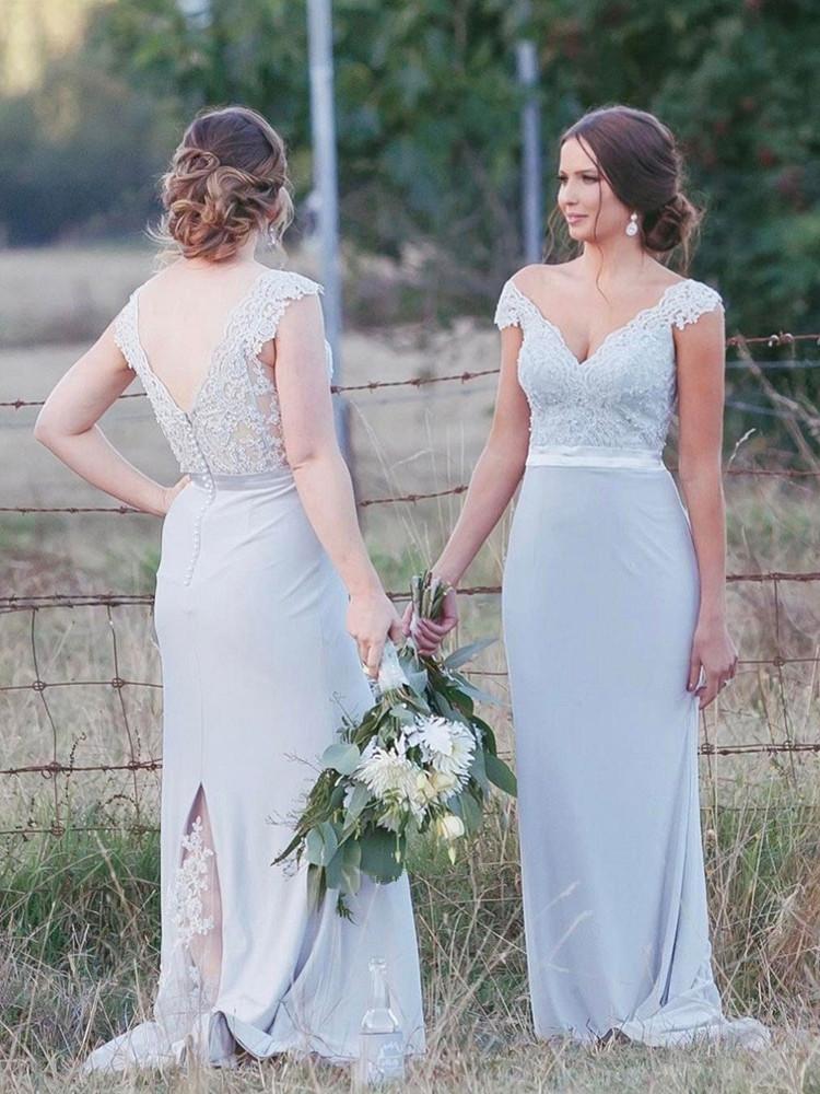 Cap Sleeves V-neck Lace Long Bridesmaid dresses With Train, BD0034