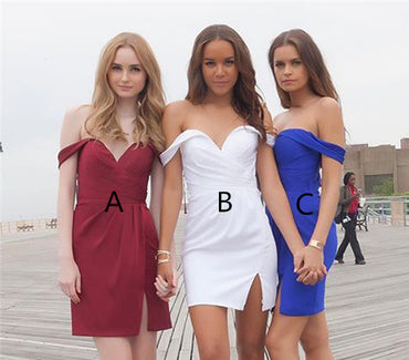 Off-shoulder Simple Cheap Satin Homecoming Dresses With Split, HD0551