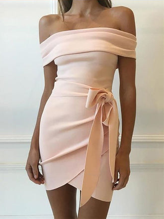 Sheath Off-shoulder Simple Homecoming Dresses With Belt, HD0525