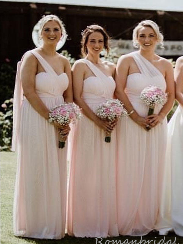 Elegant Pink One Shoulder Tulle A-line Bridesmaid Dresses, BG202