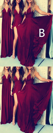 Sexy Spaghetti Straps Deep V-neck High Split Long Popular Bridesmaid Dresses, BD0468