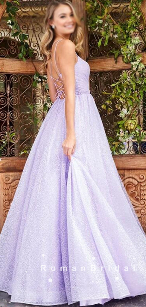 Shinny A-Line Spaghetti Straps Lilac Custom Long Prom Dresses,RBPD0001