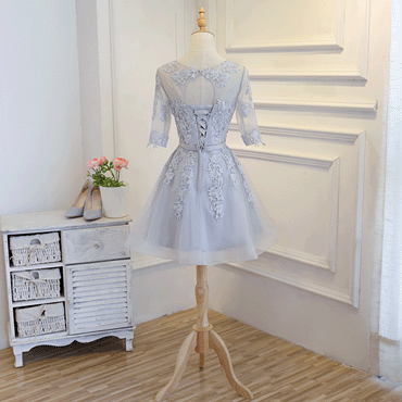 Round Neck Lace Appliques Medium Sleeves Open-back Lace Up Homecoming Dress, HD0394