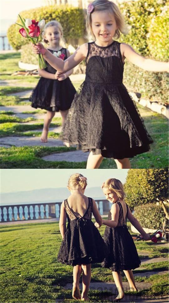 Round Neck Illusion Black Lace Cute V-back Flower Girl Dresses, Little RomanBridal Round Neck Illusion Black Lace Cute V-back Flower Girl Dresses, Little RomanBridal