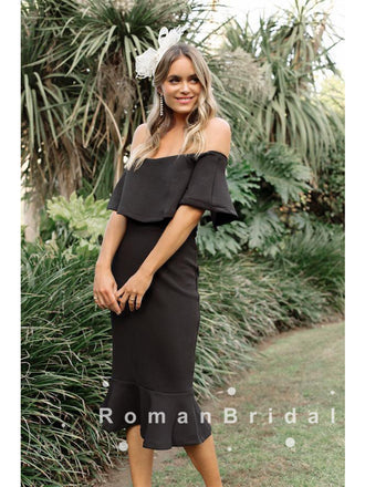 Mermaid Off The Shoulder Black Tea Length Bridesmaid Dresses With Ruffles,RBWG0001