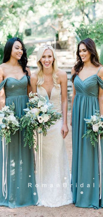 A-Line Off The Shoulder Spaghetti Straps Chiffon Long Bridesmaid Dresses With Pleats,RBWG0010