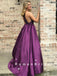 A-Line Halter Purple Satin Long Prom Dresses With Beading,RBPD0101