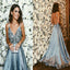 Luxurious A-line Straps Blue Formal Evening Dress,Sexy Backless Beaded Deep V Neckline prom dresses, PD0497