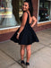 A-Line V-neck Black Satin Backless Cheap Homecoming Dresses, HD0522