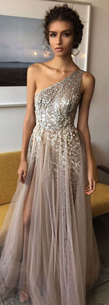 One Shoulder Beading High Split Long Prom Dresses, PD0591