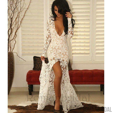 New Arrival Sheer Mermaid Plunging Neck Long Sleeves Front Split Illusion Lace Prom Dresses, PD0483