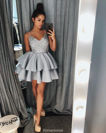 Spaghetti Straps Lace Appliques Grey Short Juniors Pleat Homecoming Dresses, HD0377