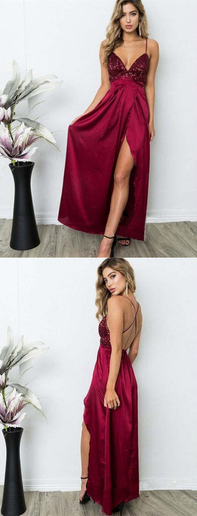 Newest Floor-length Spaghetti Straps Deep V-neck Backless Sequins Prom Dresses , PD0553