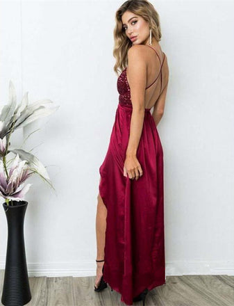 Newest Floor-length Spaghetti Straps Deep V-neck Backless Sequins Prom Dresses , PD0553