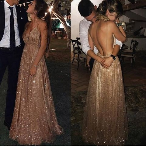 A-line Spaghetti Straps V-neck Sexy Backless Sequins Prom Dresses With Train, PD0551