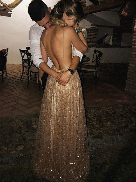 A-line Spaghetti Straps V-neck Sexy Backless Sequins Prom Dresses With Train, PD0551