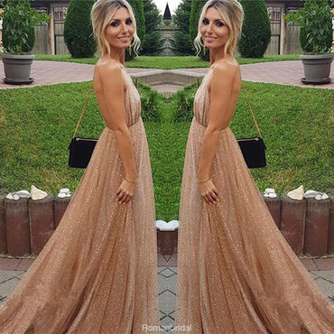 A-line Spaghetti Straps V-neck Sexy Backless Sequins Prom Dresses With Train, PD0551