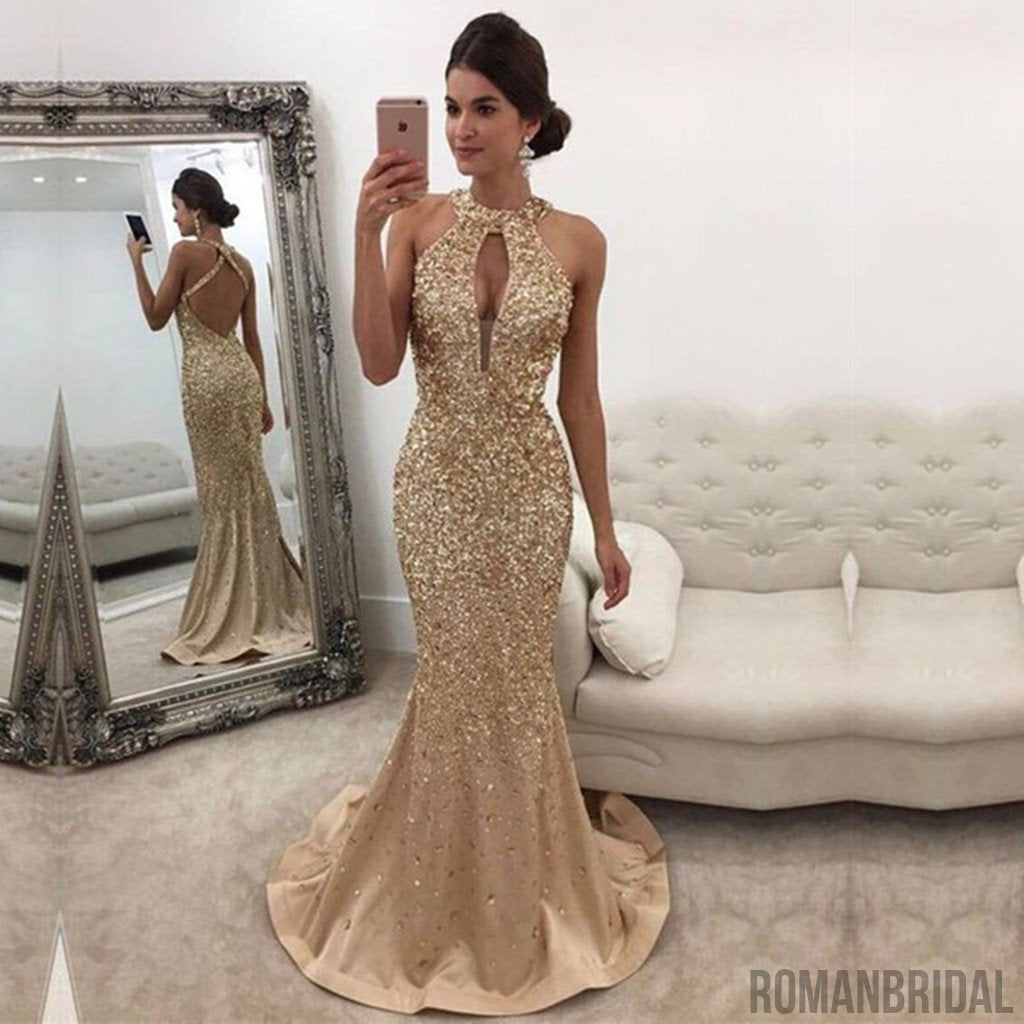 Champagne Beaded Prom Dresses Long Sleeve Mother of the Bride Dresses –  vigocouture