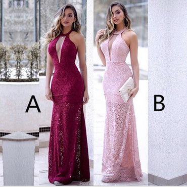Floor-length Halter Sexy Deep V-neck Sleeveless Lace Long Prom Dresses, PD0548