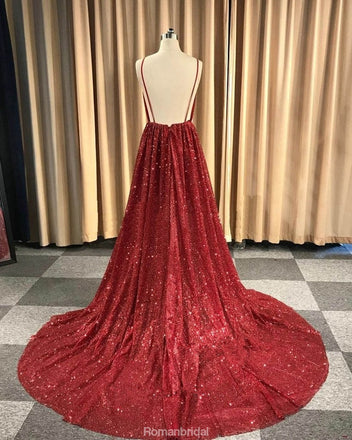 V-Neck Spaghetti Straps Red Sequins Long Prom Dress With Pleats, PD0620