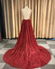 V-Neck Spaghetti Straps Red Sequins Long Prom Dress With Pleats, PD0620