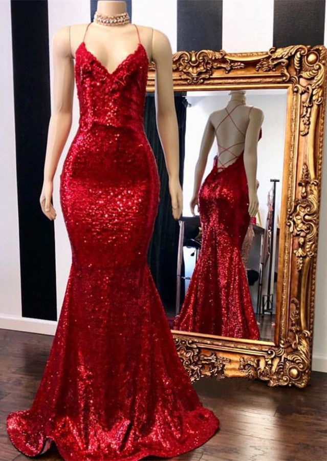 Spaghetti Straps V-neck Red Sequins Lace Up Back Prom Dresses, PD0683