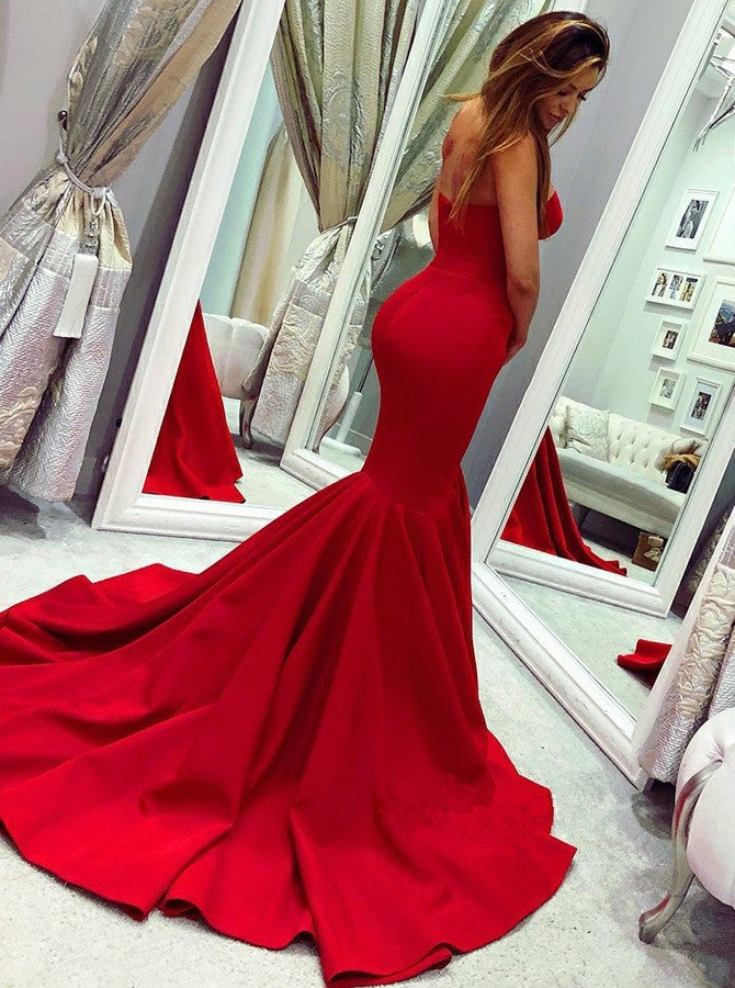 Red Mermaid Sweetheart Sleeveless Long Prom Dress With Train, PD0613