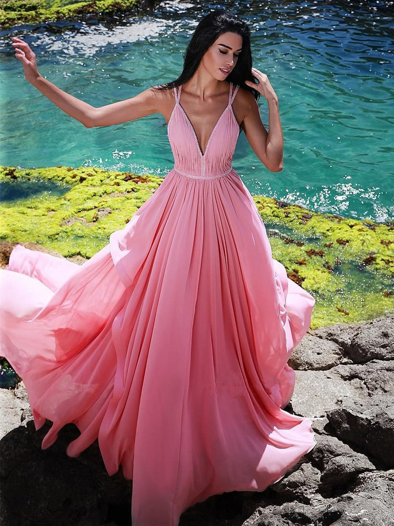 Gorgeous V-Neck Sleeveless Pink Long Prom Dress, PD0618