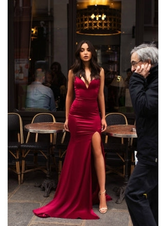 Newest Secy V-neck Strapless High Split Burgundy Prom Dresses, PD0685