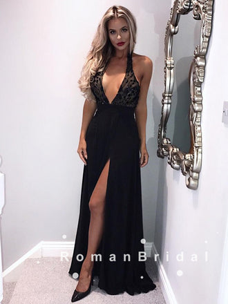 Sheath Deep V-Neck Sleeveless Black Long Prom Dresses With Beading,RBPD0109