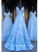 A-Line V-Neck Spaghetti Straps Blue Long Prom Dresses With Flowers,RBPD0010