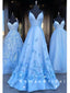 A-Line V-Neck Spaghetti Straps Blue Long Prom Dresses With Flowers,RBPD0010