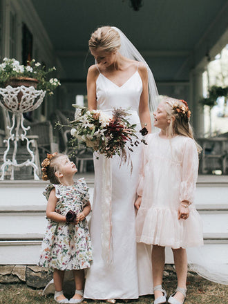 Simple V-neck Mermaid Open Back Long Sleeve Cheap Wedding Dresses,RBWD0040