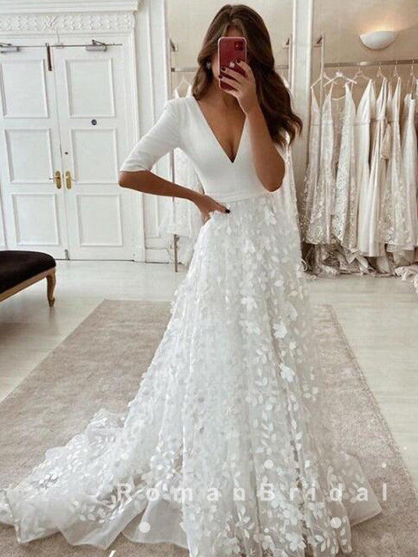 A-Line V-Neck 3/4 Sleeves Long Wedding Dresses With Lace,RBWD0010