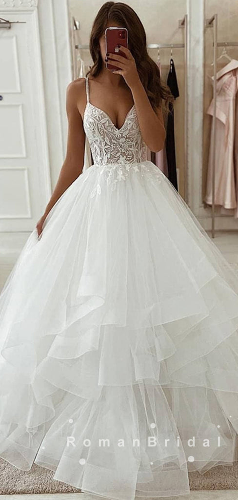 Spaghetti Straps White Tulle Spring Cute Wedding Dress - VQ