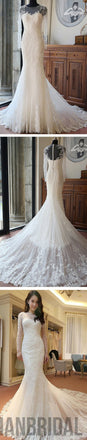 High Quality Custom Sexy Mermaid White Lace Long Sleeves Wedding Party Dress , WD0011